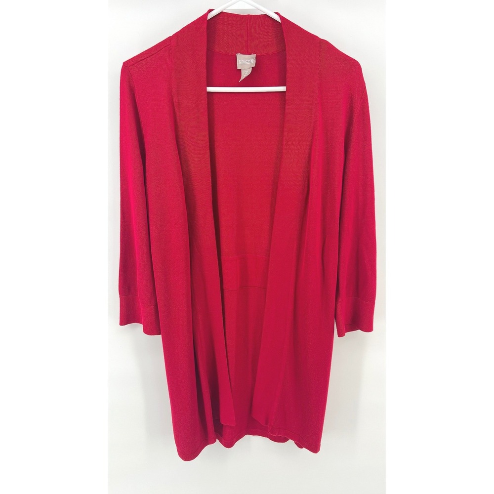 Chico's Size 2/L Longline Open Front Knit Cardigan Cherry Red 3/4 Sleeve Layer